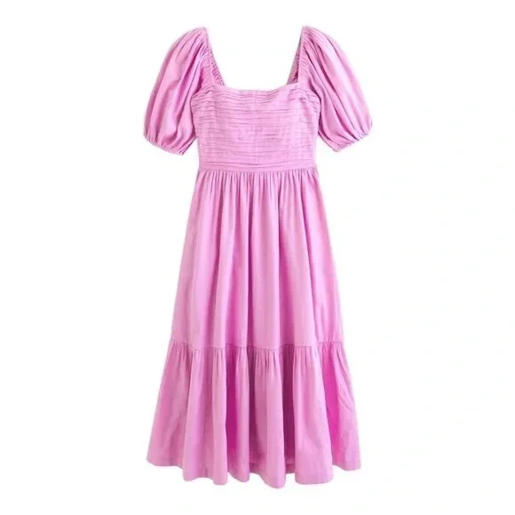 Abercrombie & Fitch Emerson Linen-Blend Puff Sleeve Midi Dress in Pink Size L - Picture 7 of 16